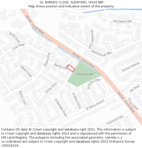 16, BARNES CLOSE, SLEAFORD, NG34 8BF: Location map and indicative extent of plot