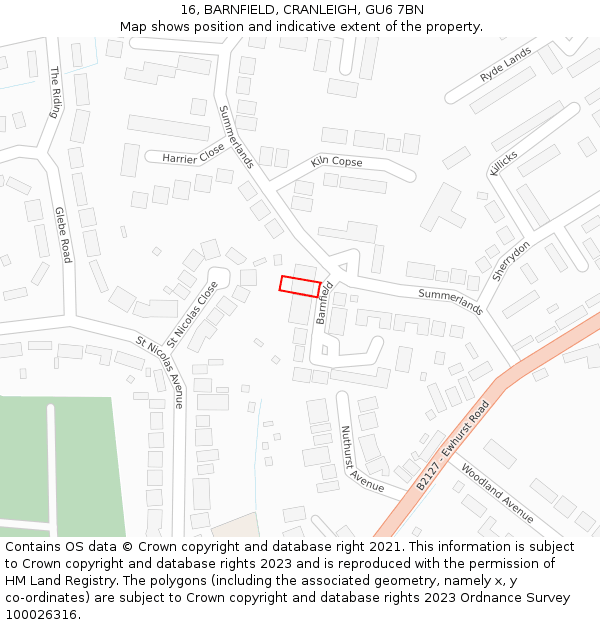 16, BARNFIELD, CRANLEIGH, GU6 7BN: Location map and indicative extent of plot