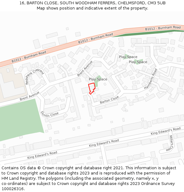 16, BARTON CLOSE, SOUTH WOODHAM FERRERS, CHELMSFORD, CM3 5UB: Location map and indicative extent of plot