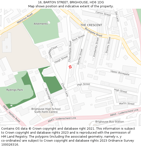 16, BARTON STREET, BRIGHOUSE, HD6 1DG: Location map and indicative extent of plot