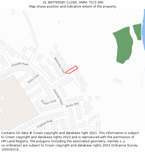 16, BATTERSBY CLOSE, YARM, TS15 9RX: Location map and indicative extent of plot