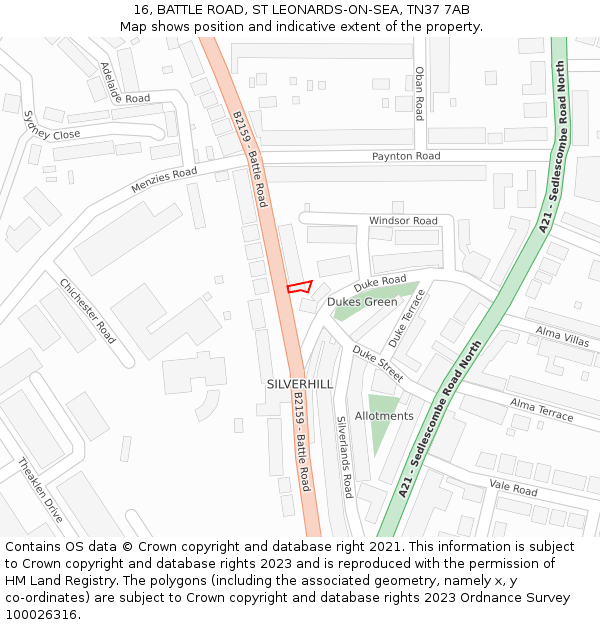 16, BATTLE ROAD, ST LEONARDS-ON-SEA, TN37 7AB: Location map and indicative extent of plot