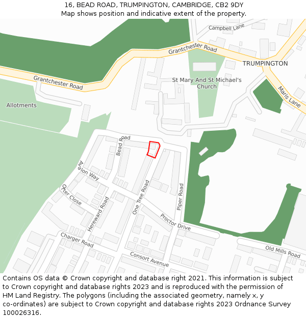 16, BEAD ROAD, TRUMPINGTON, CAMBRIDGE, CB2 9DY: Location map and indicative extent of plot