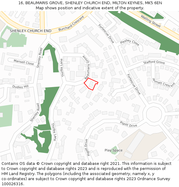 16, BEAUMARIS GROVE, SHENLEY CHURCH END, MILTON KEYNES, MK5 6EN: Location map and indicative extent of plot