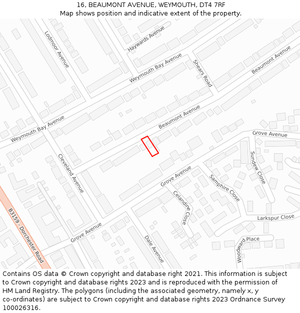 16, BEAUMONT AVENUE, WEYMOUTH, DT4 7RF: Location map and indicative extent of plot