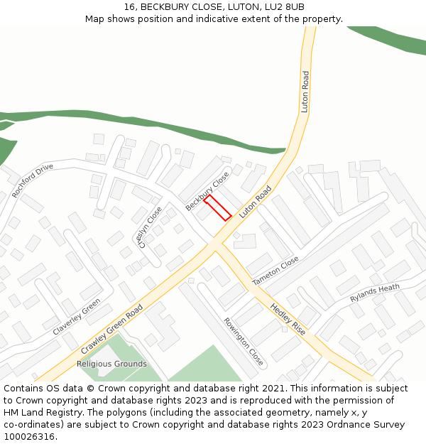 16, BECKBURY CLOSE, LUTON, LU2 8UB: Location map and indicative extent of plot