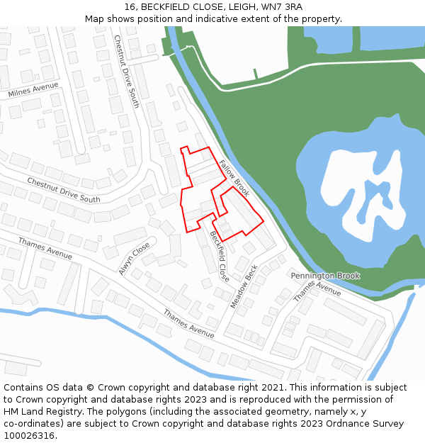 16, BECKFIELD CLOSE, LEIGH, WN7 3RA: Location map and indicative extent of plot