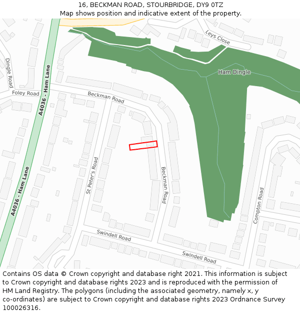 16, BECKMAN ROAD, STOURBRIDGE, DY9 0TZ: Location map and indicative extent of plot