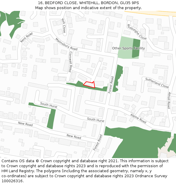 16, BEDFORD CLOSE, WHITEHILL, BORDON, GU35 9PS: Location map and indicative extent of plot