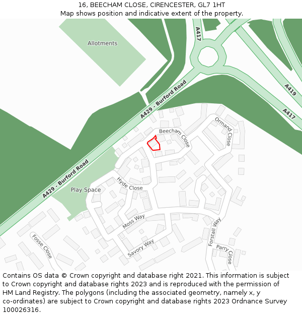 16, BEECHAM CLOSE, CIRENCESTER, GL7 1HT: Location map and indicative extent of plot