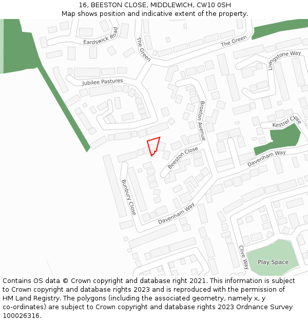 16, BEESTON CLOSE, MIDDLEWICH, CW10 0SH: Location map and indicative extent of plot