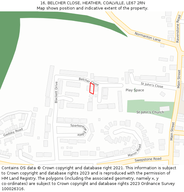 16, BELCHER CLOSE, HEATHER, COALVILLE, LE67 2RN: Location map and indicative extent of plot