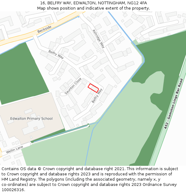 16, BELFRY WAY, EDWALTON, NOTTINGHAM, NG12 4FA: Location map and indicative extent of plot