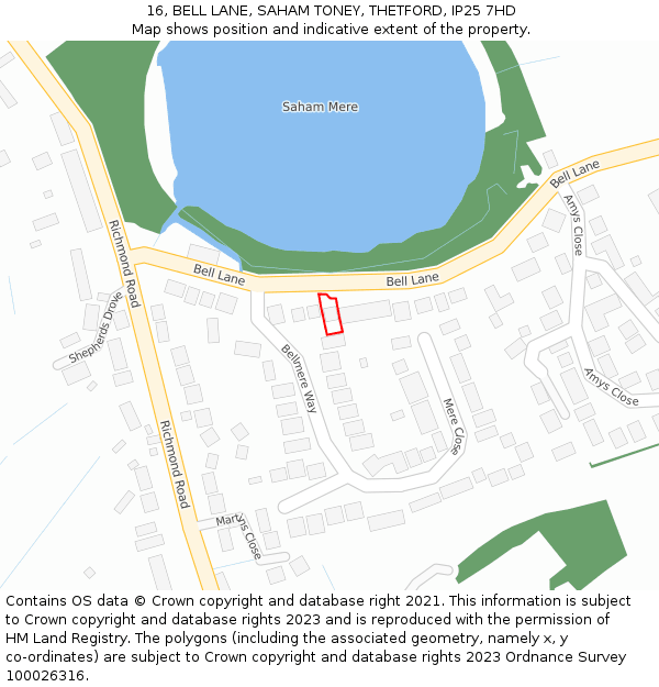 16, BELL LANE, SAHAM TONEY, THETFORD, IP25 7HD: Location map and indicative extent of plot