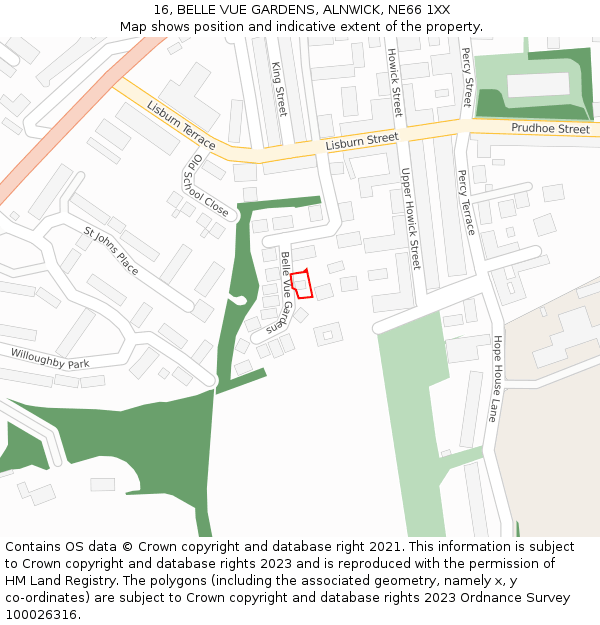 16, BELLE VUE GARDENS, ALNWICK, NE66 1XX: Location map and indicative extent of plot