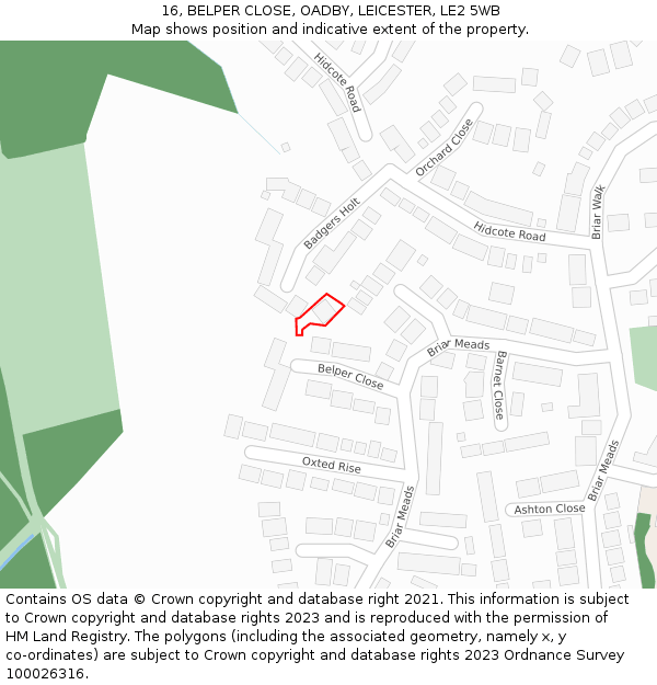 16, BELPER CLOSE, OADBY, LEICESTER, LE2 5WB: Location map and indicative extent of plot