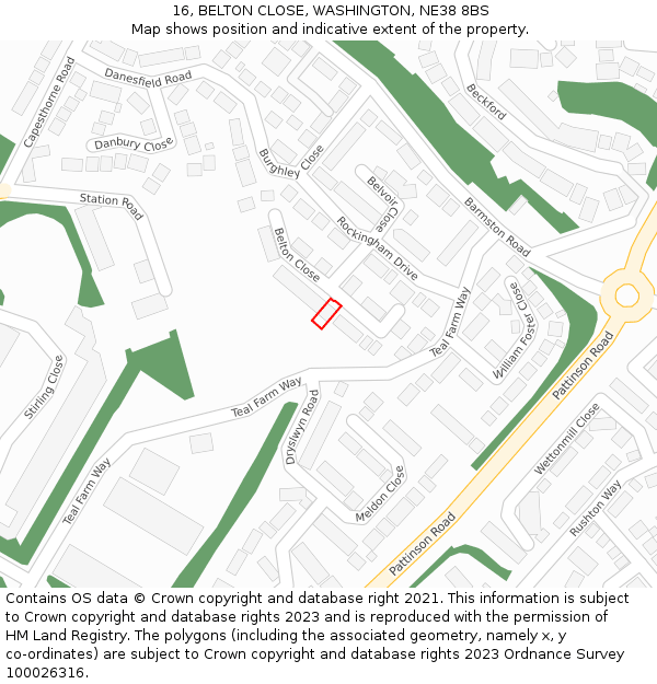 16, BELTON CLOSE, WASHINGTON, NE38 8BS: Location map and indicative extent of plot