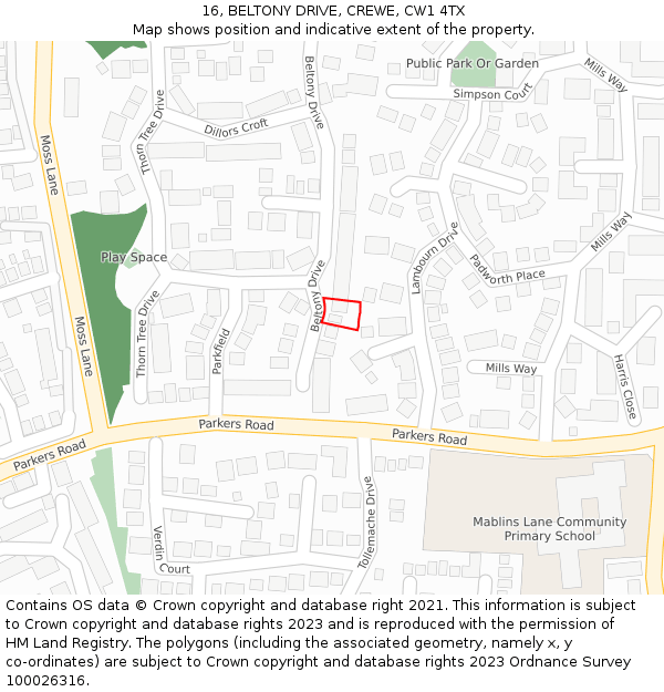 16, BELTONY DRIVE, CREWE, CW1 4TX: Location map and indicative extent of plot