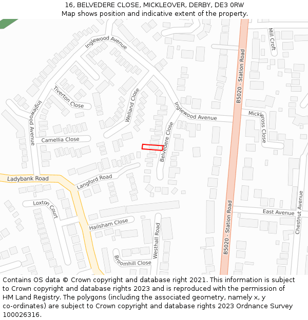 16, BELVEDERE CLOSE, MICKLEOVER, DERBY, DE3 0RW: Location map and indicative extent of plot