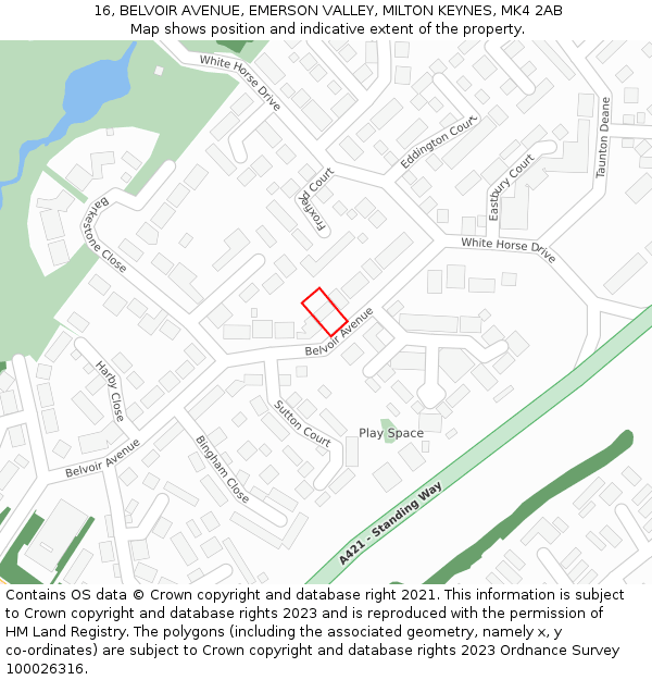 16, BELVOIR AVENUE, EMERSON VALLEY, MILTON KEYNES, MK4 2AB: Location map and indicative extent of plot