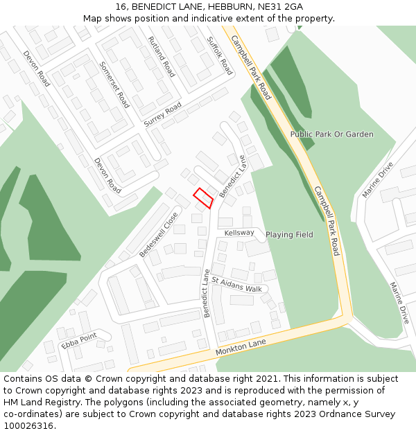 16, BENEDICT LANE, HEBBURN, NE31 2GA: Location map and indicative extent of plot