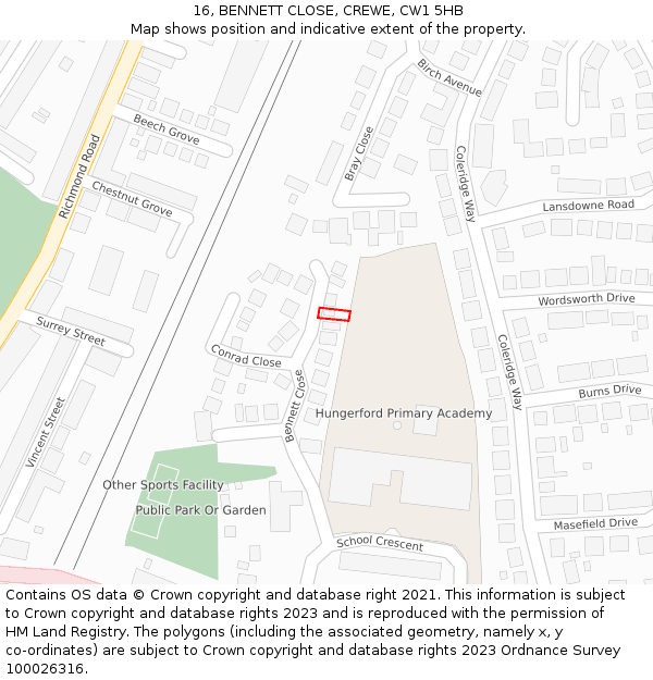 16, BENNETT CLOSE, CREWE, CW1 5HB: Location map and indicative extent of plot