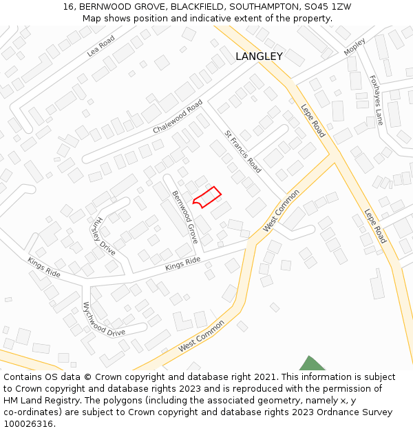 16, BERNWOOD GROVE, BLACKFIELD, SOUTHAMPTON, SO45 1ZW: Location map and indicative extent of plot