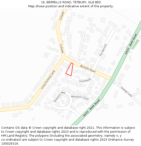 16, BERRELLS ROAD, TETBURY, GL8 8ED: Location map and indicative extent of plot