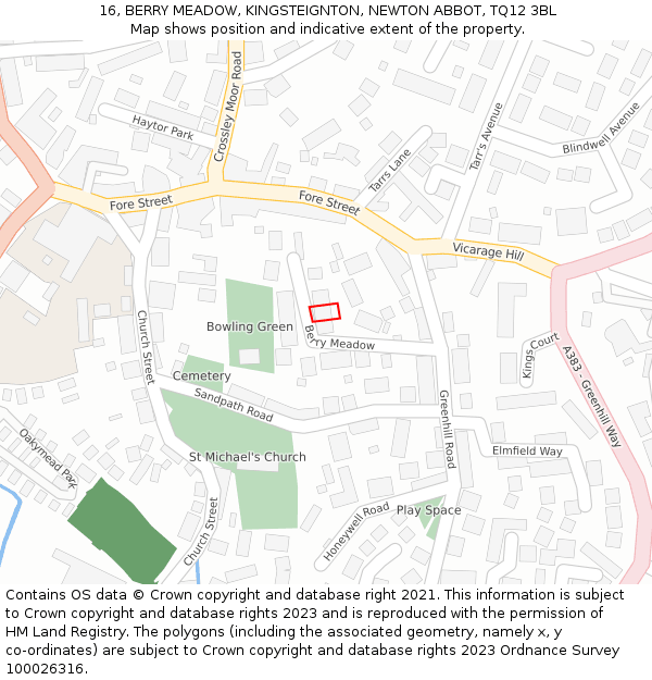 16, BERRY MEADOW, KINGSTEIGNTON, NEWTON ABBOT, TQ12 3BL: Location map and indicative extent of plot