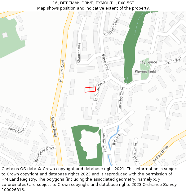 16, BETJEMAN DRIVE, EXMOUTH, EX8 5ST: Location map and indicative extent of plot