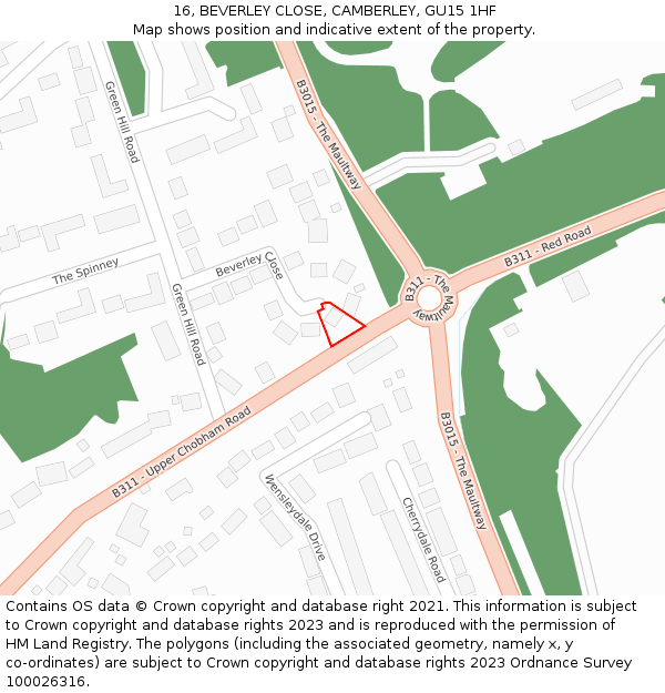 16, BEVERLEY CLOSE, CAMBERLEY, GU15 1HF: Location map and indicative extent of plot