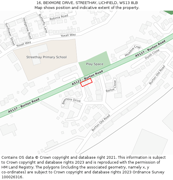 16, BEXMORE DRIVE, STREETHAY, LICHFIELD, WS13 8LB: Location map and indicative extent of plot