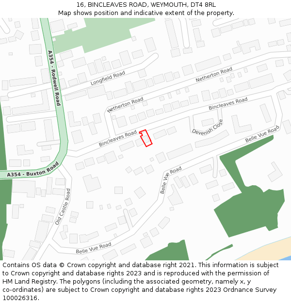 16, BINCLEAVES ROAD, WEYMOUTH, DT4 8RL: Location map and indicative extent of plot