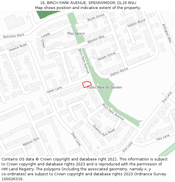 16, BIRCH PARK AVENUE, SPENNYMOOR, DL16 6NU: Location map and indicative extent of plot