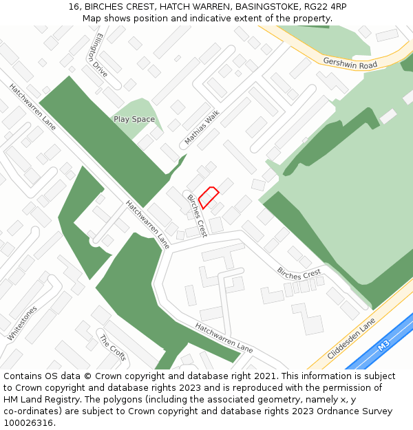 16, BIRCHES CREST, HATCH WARREN, BASINGSTOKE, RG22 4RP: Location map and indicative extent of plot