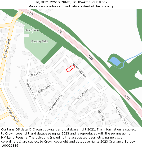 16, BIRCHWOOD DRIVE, LIGHTWATER, GU18 5RX: Location map and indicative extent of plot