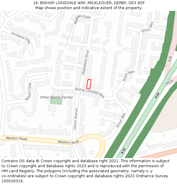 16, BISHOP LONSDALE WAY, MICKLEOVER, DERBY, DE3 9DF: Location map and indicative extent of plot