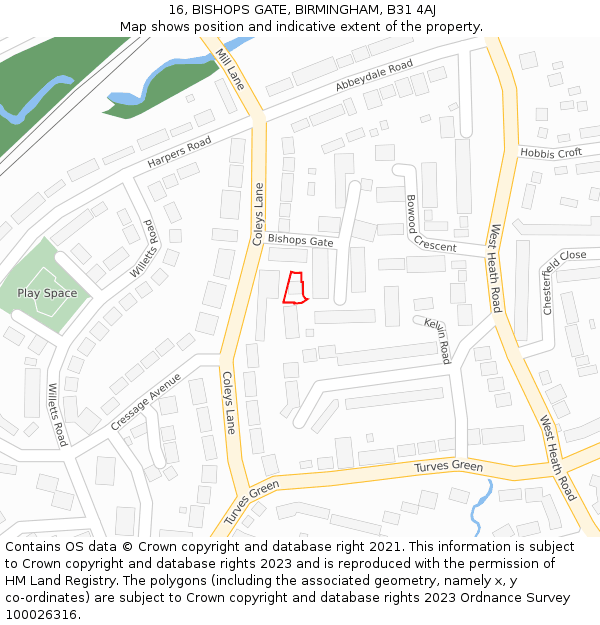 16, BISHOPS GATE, BIRMINGHAM, B31 4AJ: Location map and indicative extent of plot