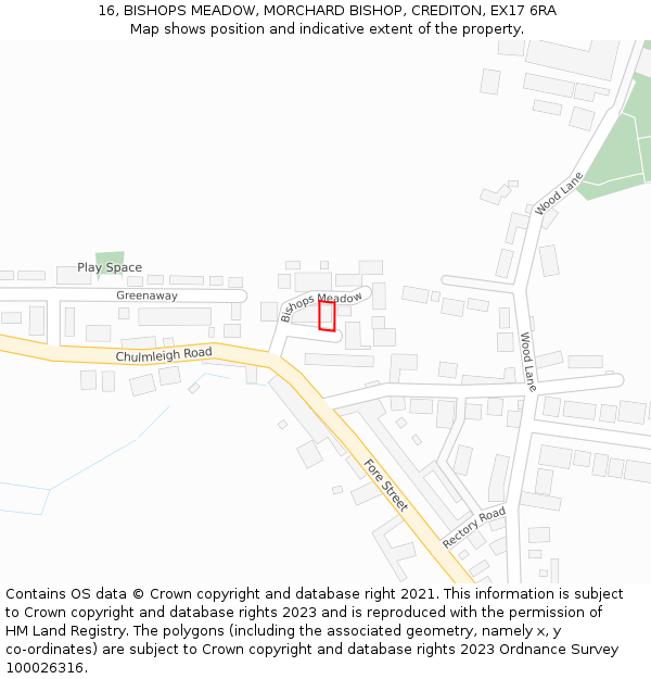 16, BISHOPS MEADOW, MORCHARD BISHOP, CREDITON, EX17 6RA: Location map and indicative extent of plot