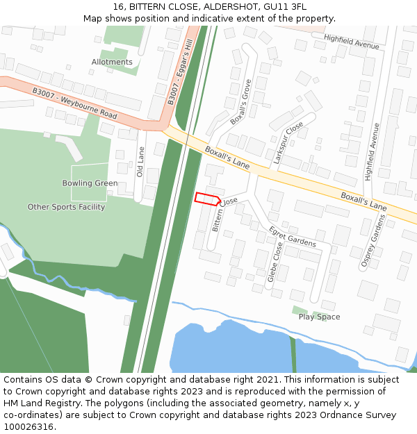 16, BITTERN CLOSE, ALDERSHOT, GU11 3FL: Location map and indicative extent of plot