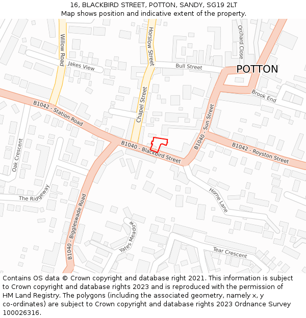 16, BLACKBIRD STREET, POTTON, SANDY, SG19 2LT: Location map and indicative extent of plot