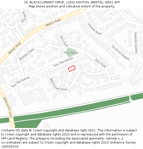 16, BLACKCURRANT DRIVE, LONG ASHTON, BRISTOL, BS41 9FP: Location map and indicative extent of plot