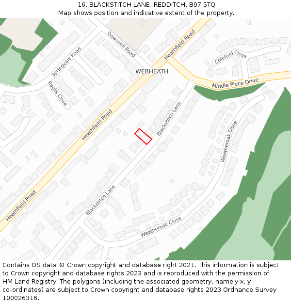 16, BLACKSTITCH LANE, REDDITCH, B97 5TQ: Location map and indicative extent of plot