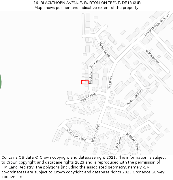 16, BLACKTHORN AVENUE, BURTON-ON-TRENT, DE13 0UB: Location map and indicative extent of plot