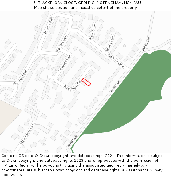 16, BLACKTHORN CLOSE, GEDLING, NOTTINGHAM, NG4 4AU: Location map and indicative extent of plot