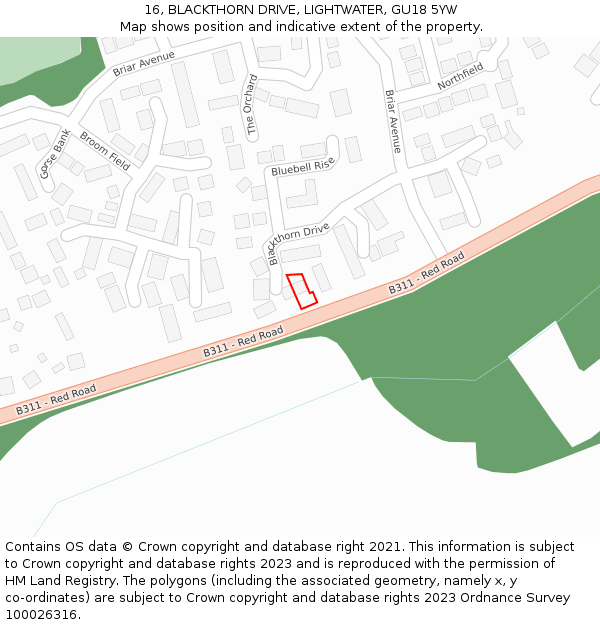 16, BLACKTHORN DRIVE, LIGHTWATER, GU18 5YW: Location map and indicative extent of plot