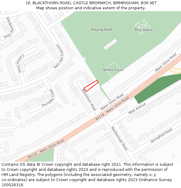 16, BLACKTHORN ROAD, CASTLE BROMWICH, BIRMINGHAM, B36 9ET: Location map and indicative extent of plot