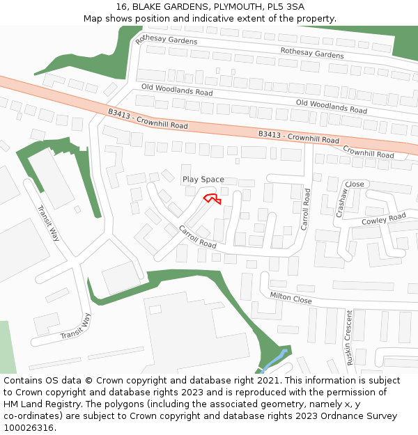 16, BLAKE GARDENS, PLYMOUTH, PL5 3SA: Location map and indicative extent of plot
