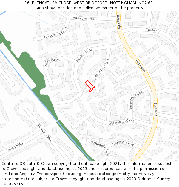 16, BLENCATHRA CLOSE, WEST BRIDGFORD, NOTTINGHAM, NG2 6RL: Location map and indicative extent of plot