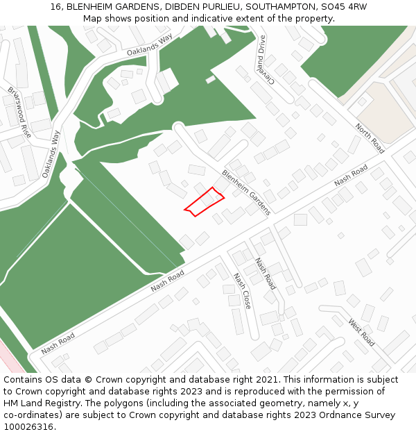 16, BLENHEIM GARDENS, DIBDEN PURLIEU, SOUTHAMPTON, SO45 4RW: Location map and indicative extent of plot